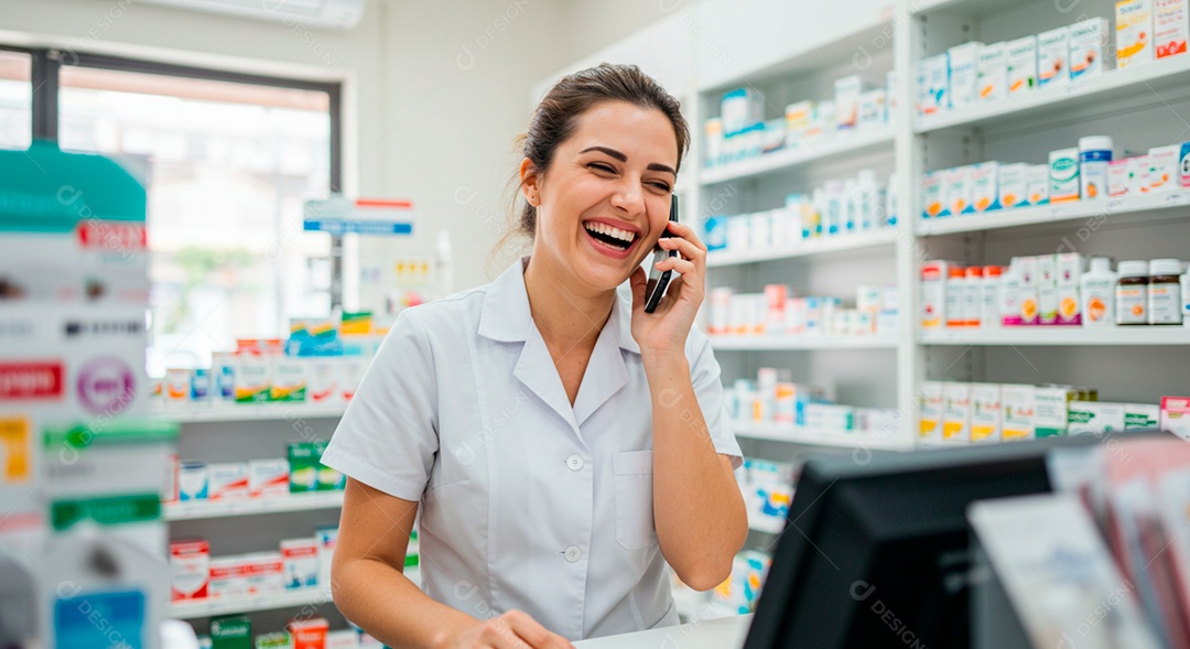 Farmacêutica falando com cliente para entrega de medicamentos