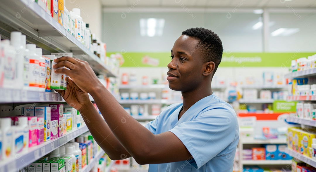 Farmacêutico organizando prateleira de rémedios