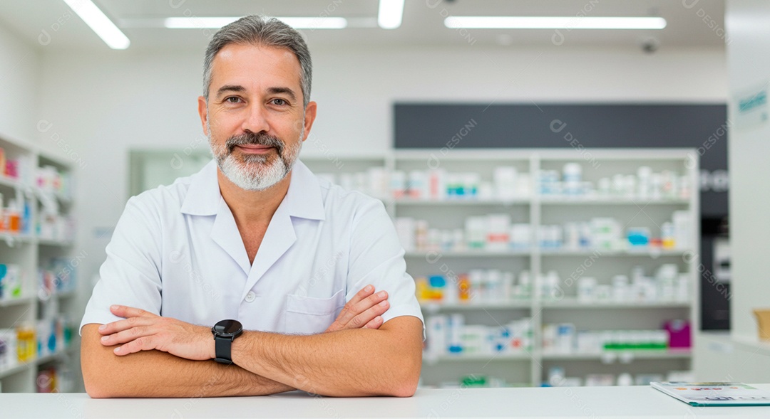 Farmacêutico experiente olhando atráves do balcão aguardando clientes