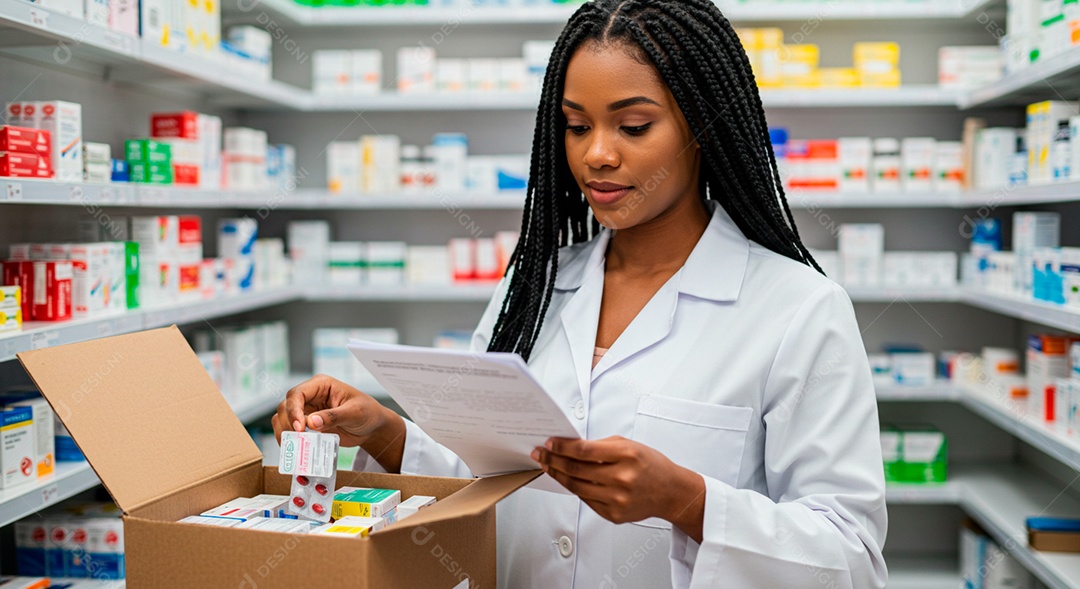 Farmacêutica verificando medicamentos em lista