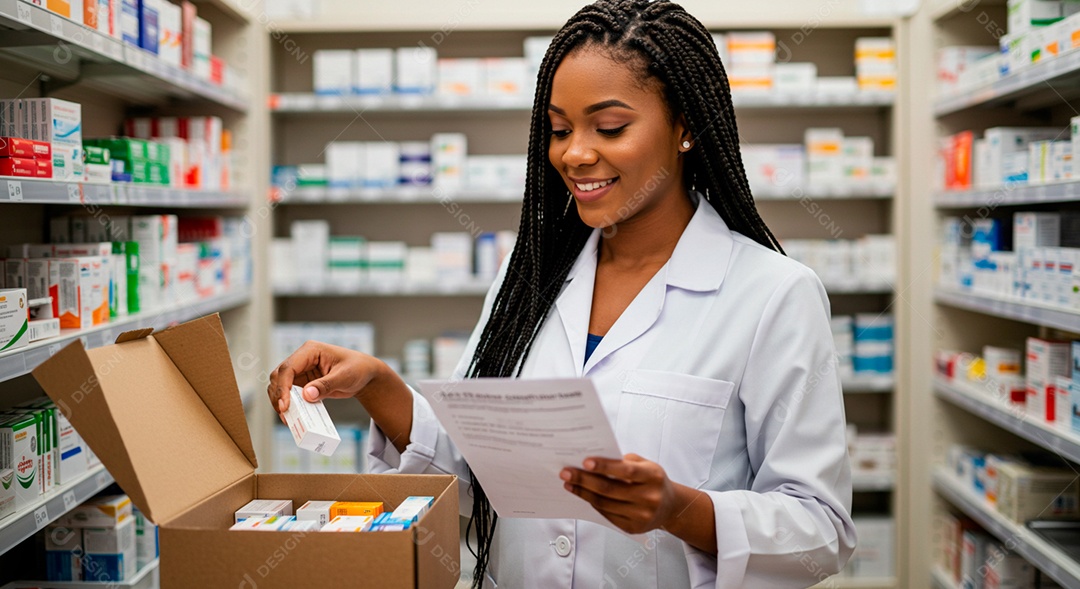 Farmacêutica conferindo medicamentos em reposição