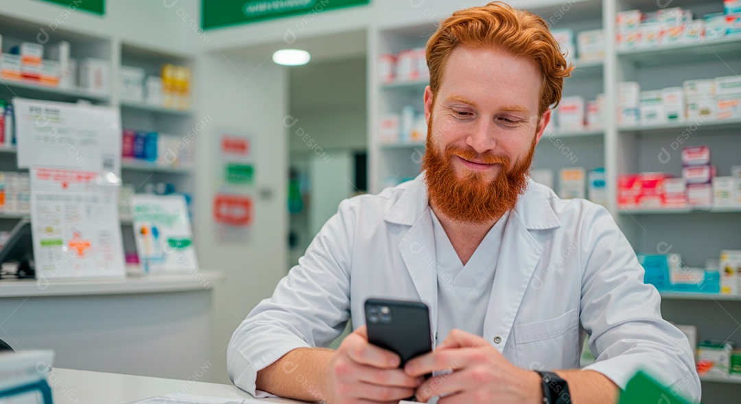 Farmacêutico acessando aplicativo em farmácia