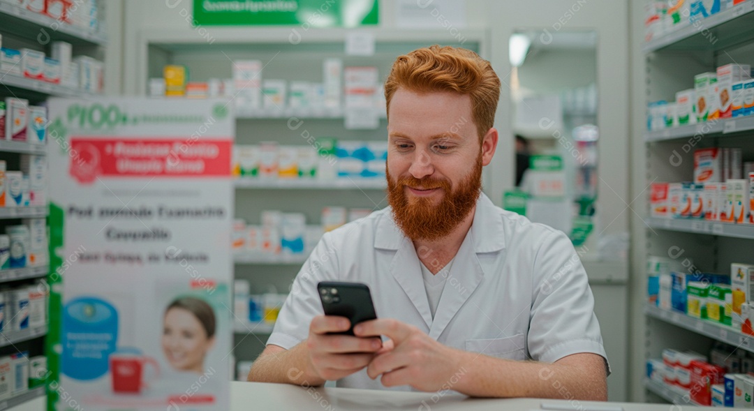 Farmacêutico acessando aplicativo em farmácia