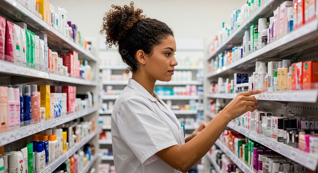 Farmacêutica olhando medicamento na prateleira
