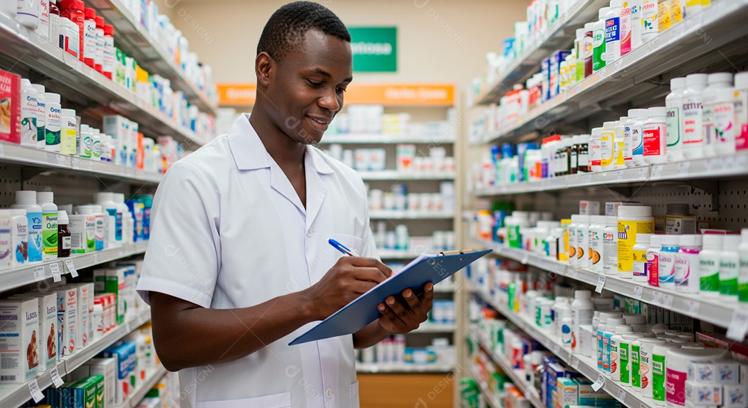 Farmacêutico negro bonito analisando medicamentos