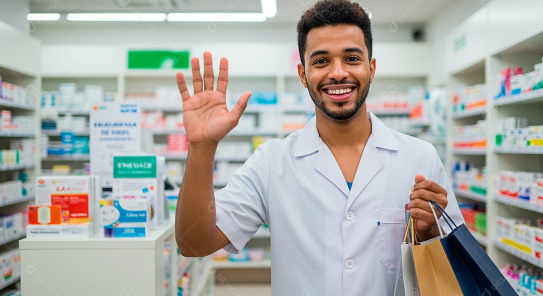 Farmacêutico com sacola de medicamento de uma cliente