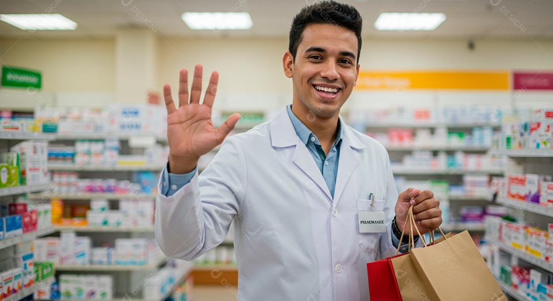 Farmacêutico com sacola de medicamento de uma cliente