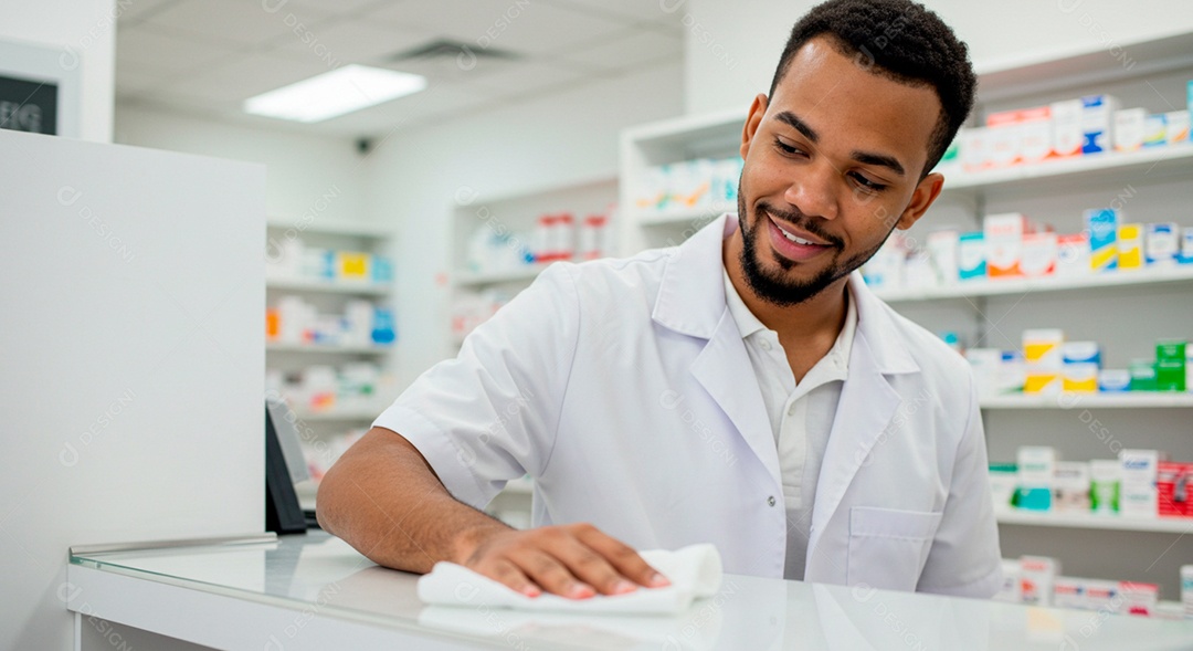 Farmacêutico limpando balcão da farmácia