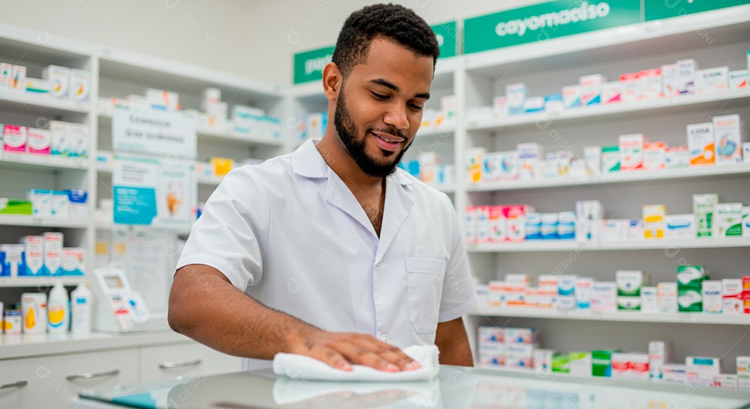 Farmacêutico limpando balcão da farmácia