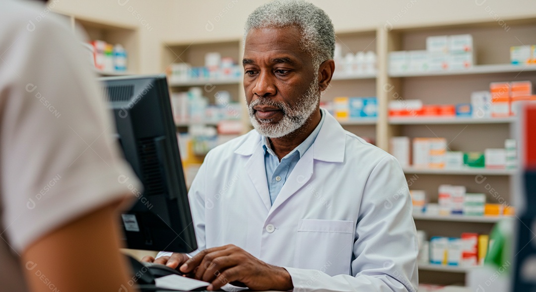 Farmacêutico experiente olhando medicamento em computador
