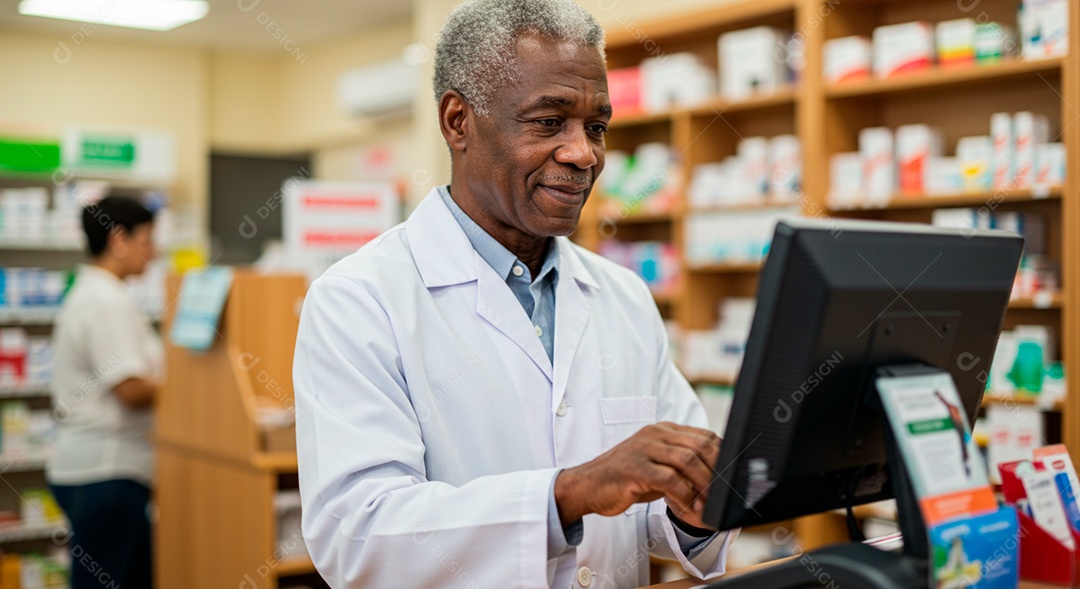 Farmacêutico experiente olhando medicamento em computador