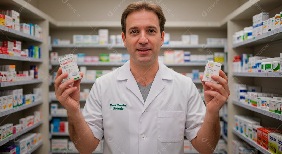 Farmacêutico com caixas de medicamento nas mãos