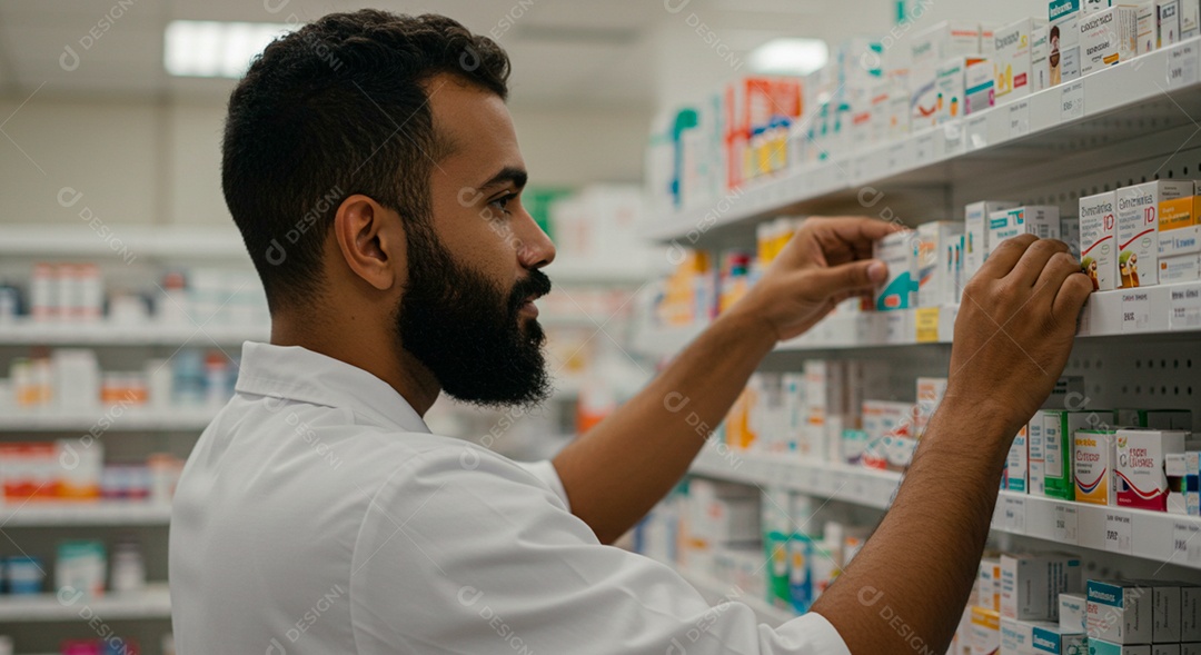 Farmacêutico organizando prateleira de rémedios