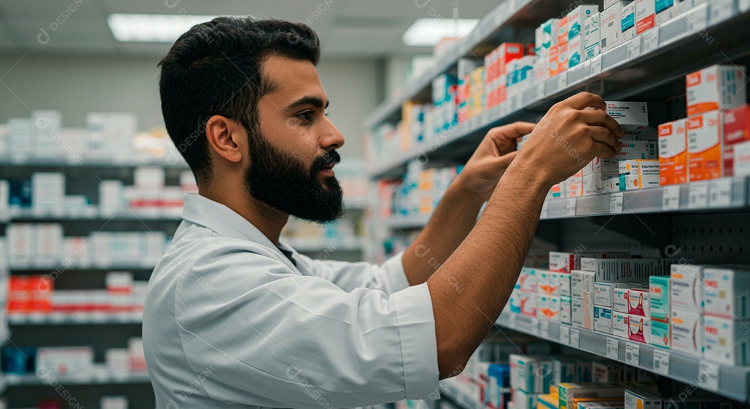 Farmacêutico organizando prateleira de rémedios