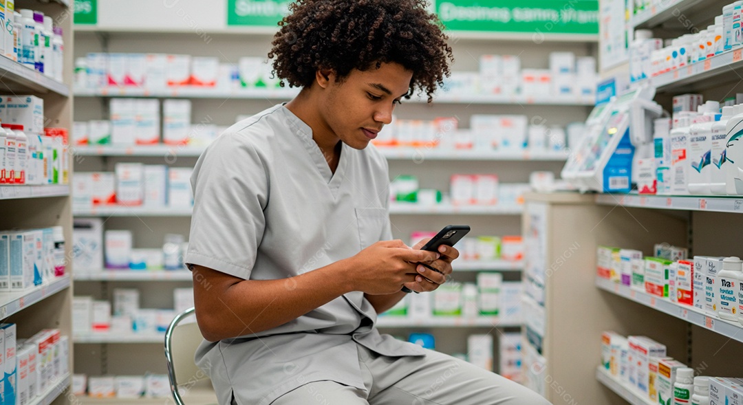 Farmacêutico acessando aplicativo em farmácia