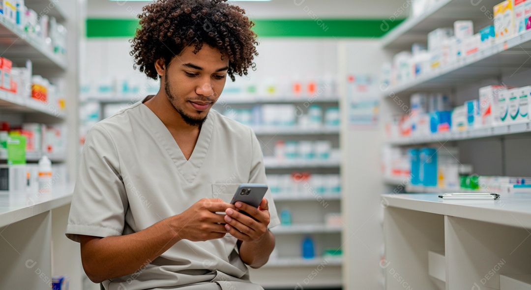 Farmacêutico acessando aplicativo em farmácia