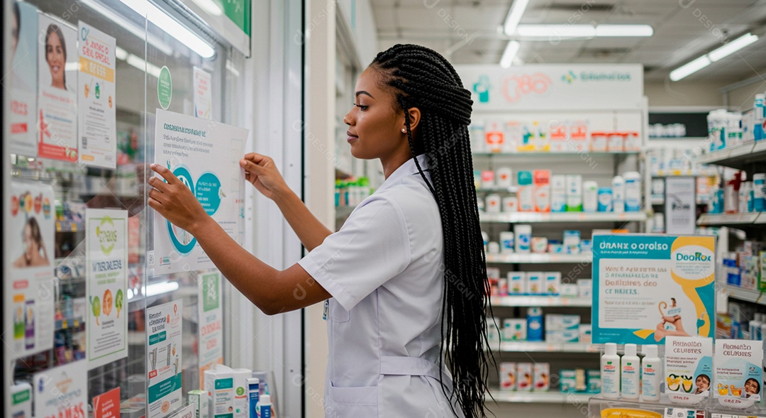 Farmacêutica colando papel de promoção em blindex