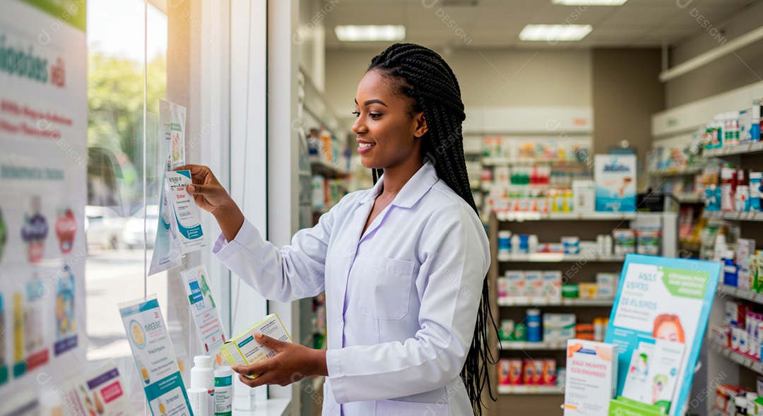 Farmacêutica organizando pafleto de promoção no vidro