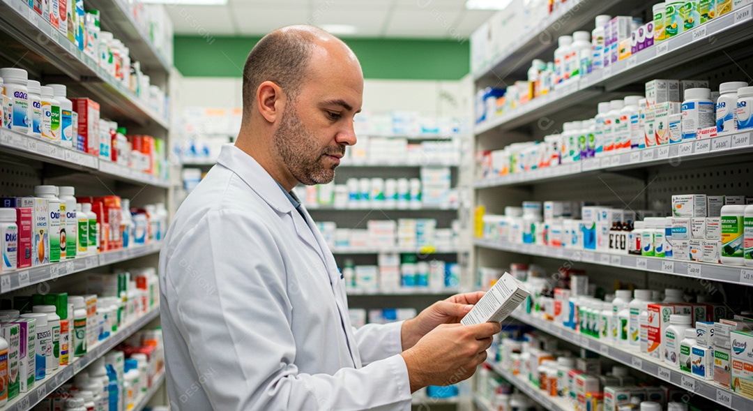 Farmacêutico verificando medicamento em prateleira