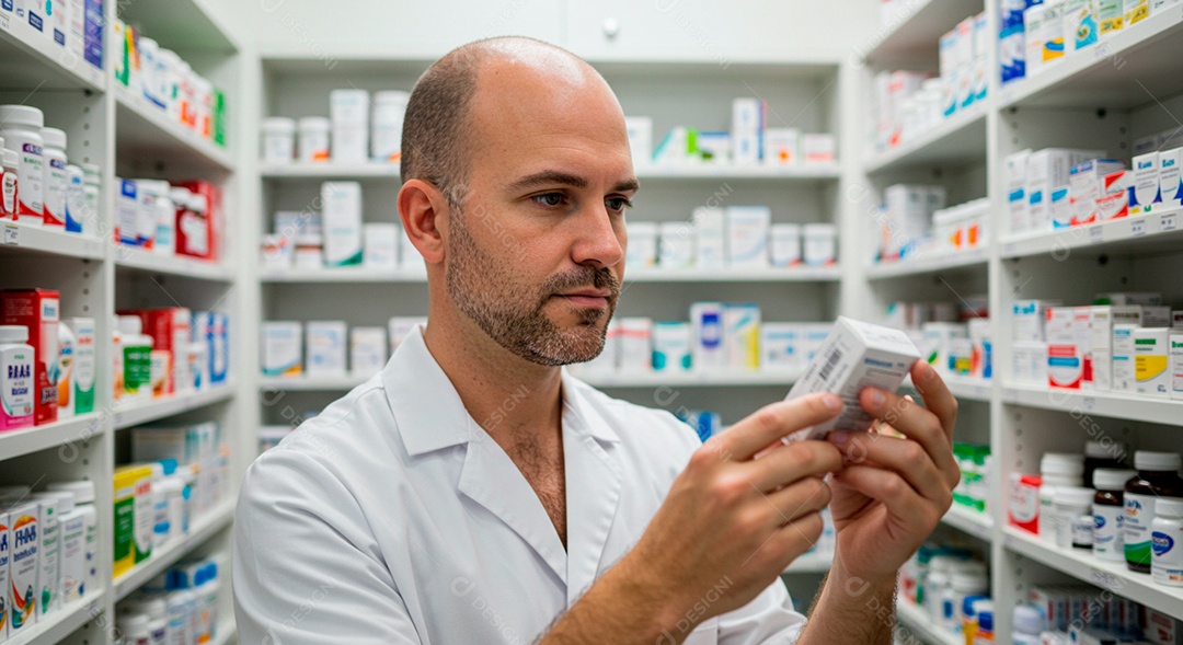 Farmacêutico verificando data de medicamento em prateleira