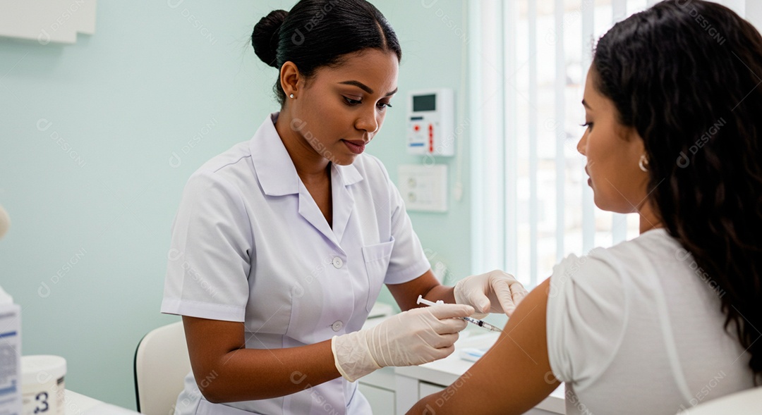 Farmacêutica aplicando medicamento em uma paciente