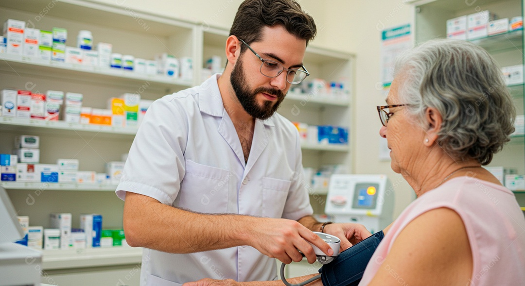 Farmacêutico averiguando pressão de uma paciente idosa