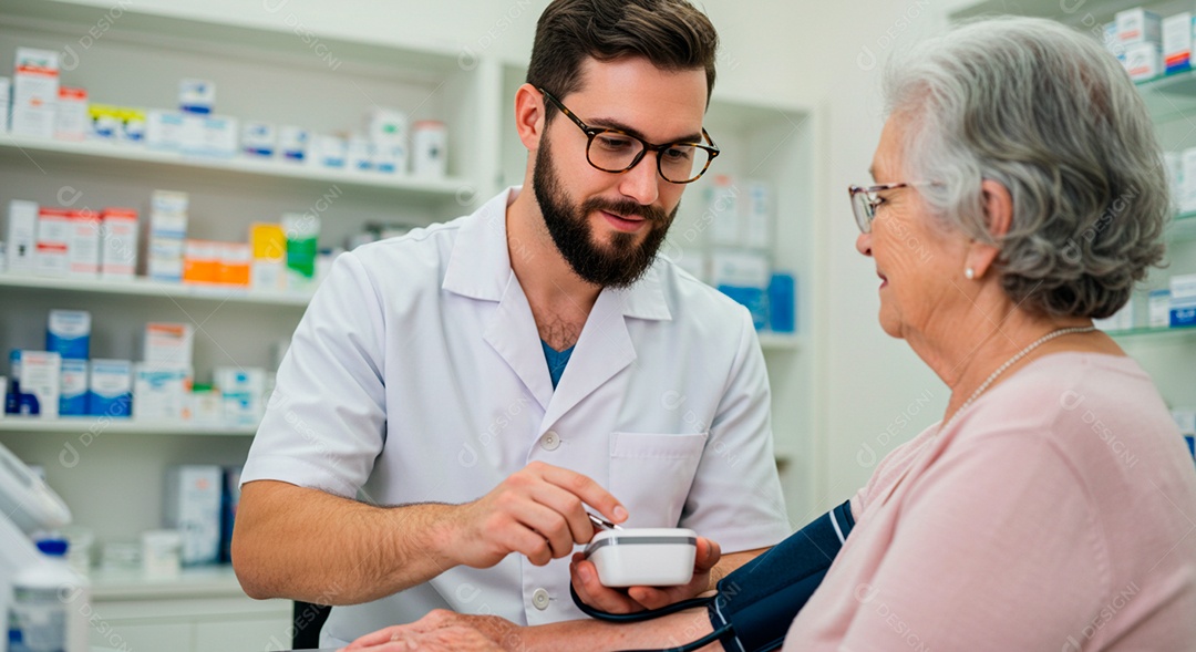 Farmacêutico jovem bonito averiguando pressão de idosa