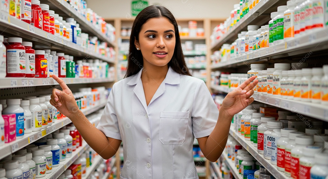 Farmacêutica jovem linda fazendo reposição de medicamentos