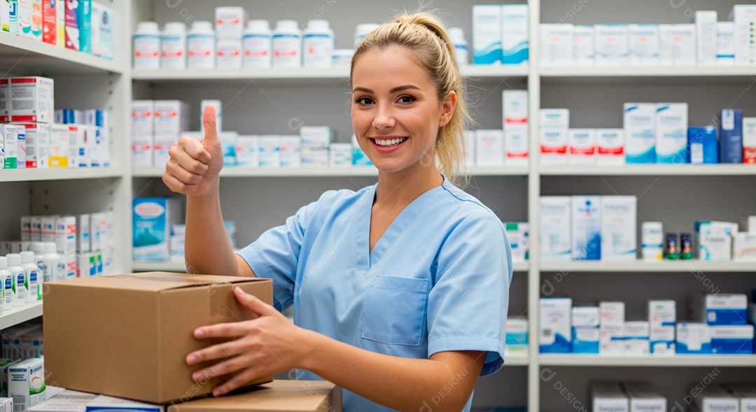 Farmacêutica linda repondo medicamentos em prateleira