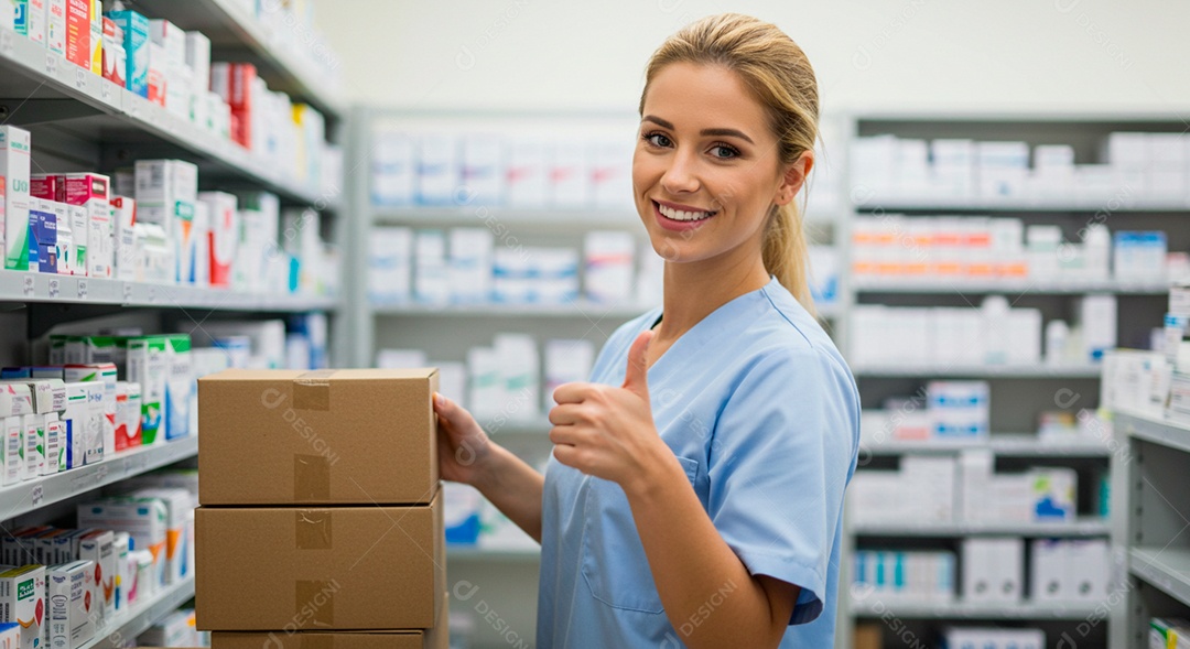 Farmacêutica bonita repondo mercadoria da farmácia