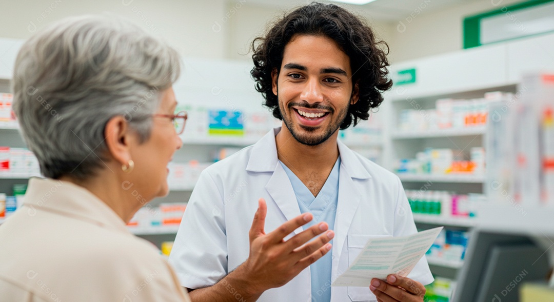 Farmacêutico olhando receitas junto com cliente idosa