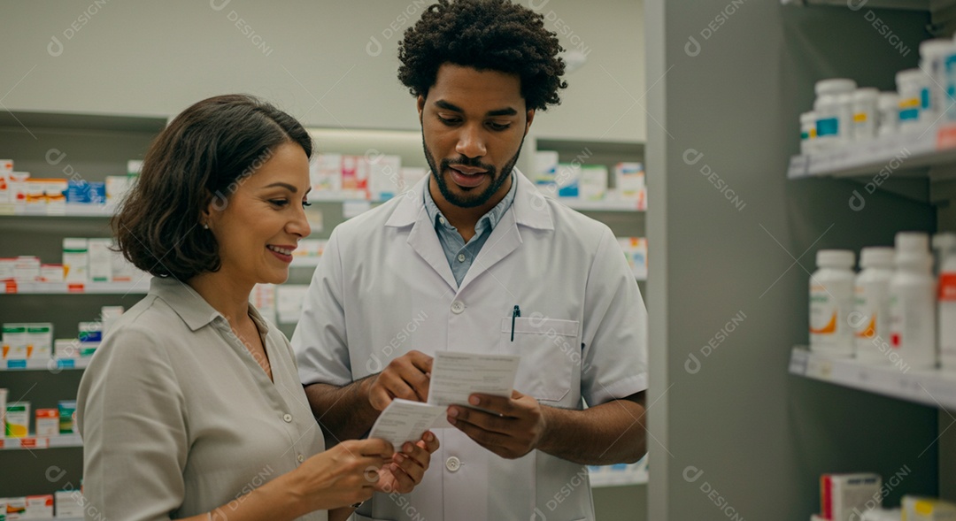 Farmacêutico olhando receitas junto com atendente