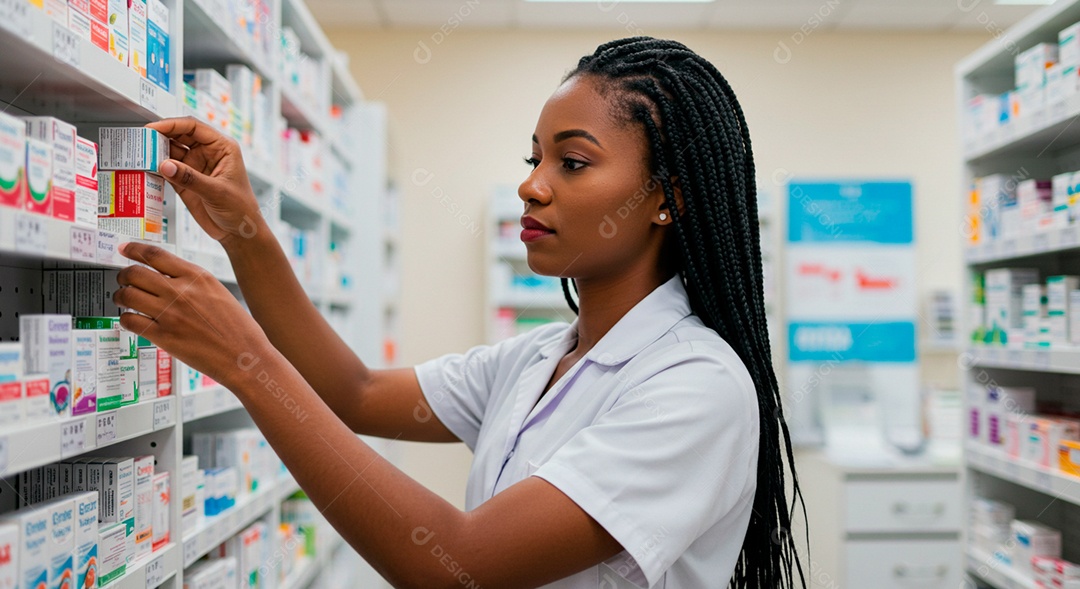 Farmacêutica morena linda arrumando prateleira com rémedios