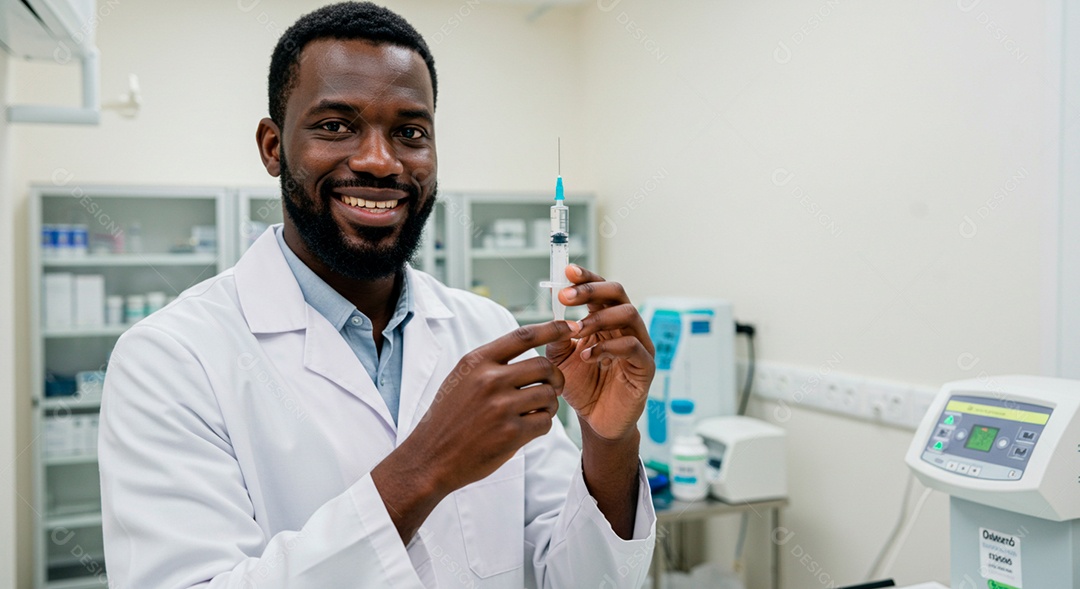 Farmacêutico com medicamento em uma seringa nas mãos
