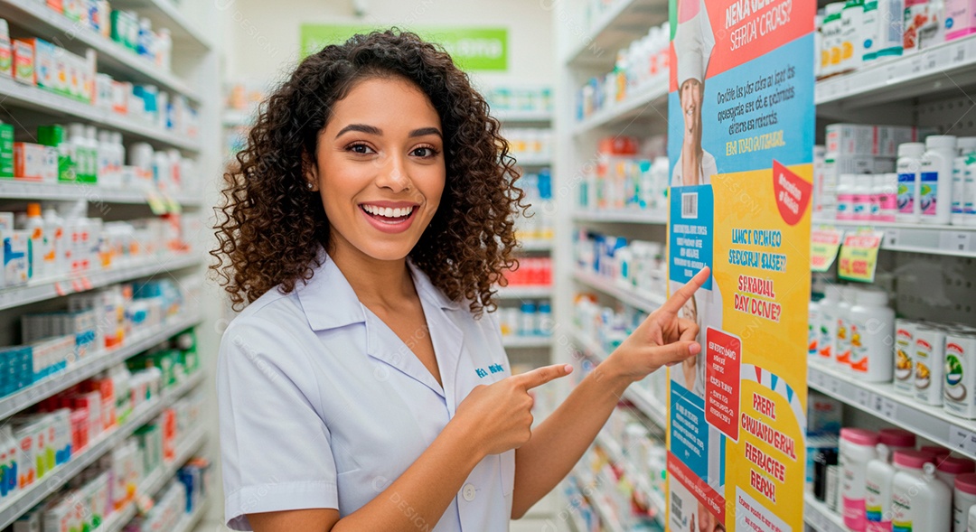 Farmacêutica mostrando placa de promoção em farmácia