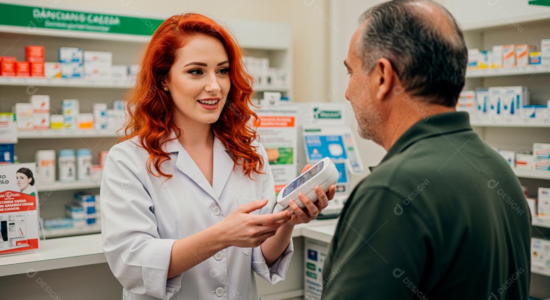 Farmacêutica mostrando aparelho de pressão para um cliente