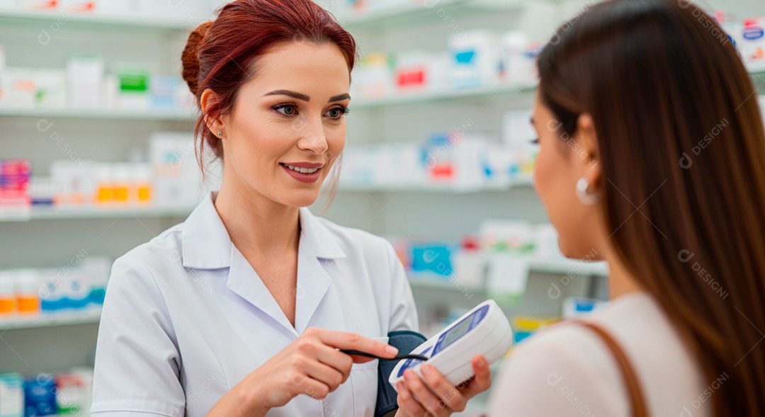 Farmacêutica ensinando como usa aparelho de pressão