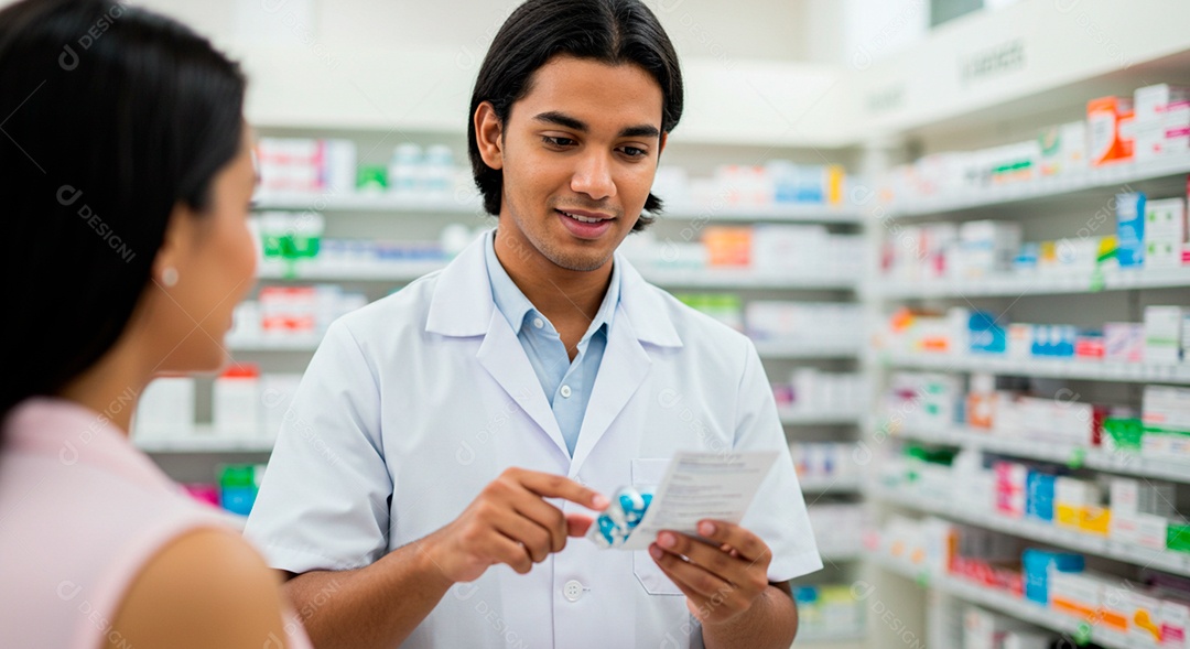 Farmacêutico receitando medicamentos com cliente no balcão