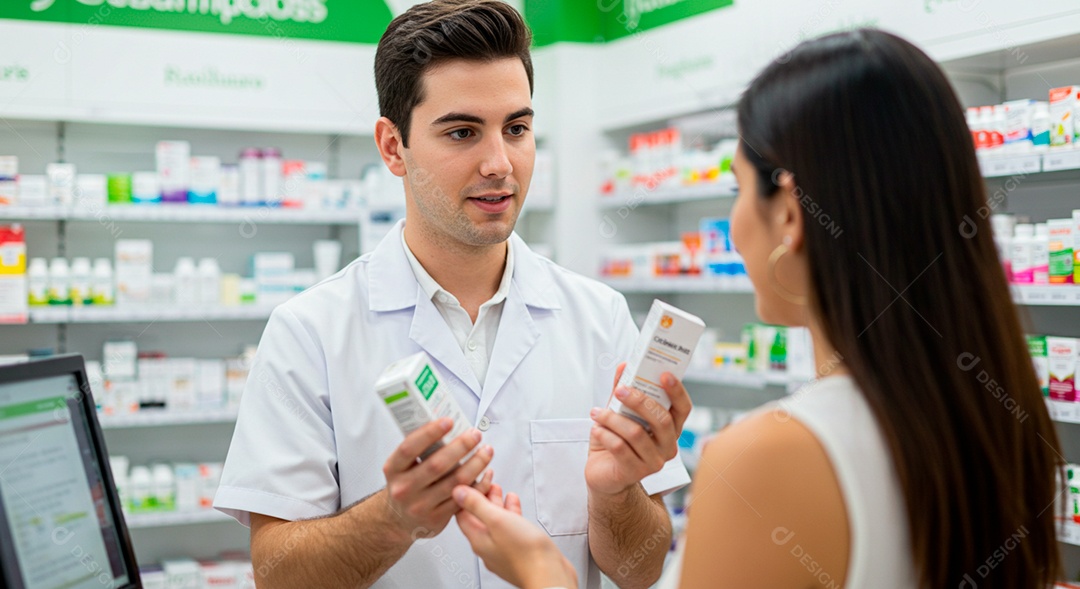 Farmacêutico conversando com cliente e medicamentos nas mãos
