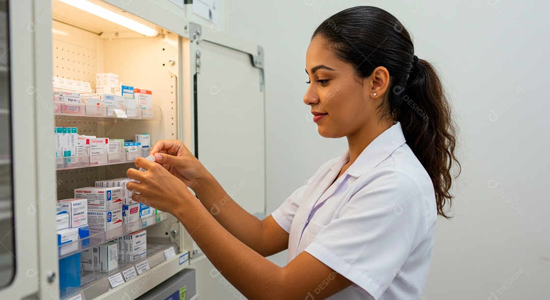 Farmacêutica ministrando medicamentos em uma seringa