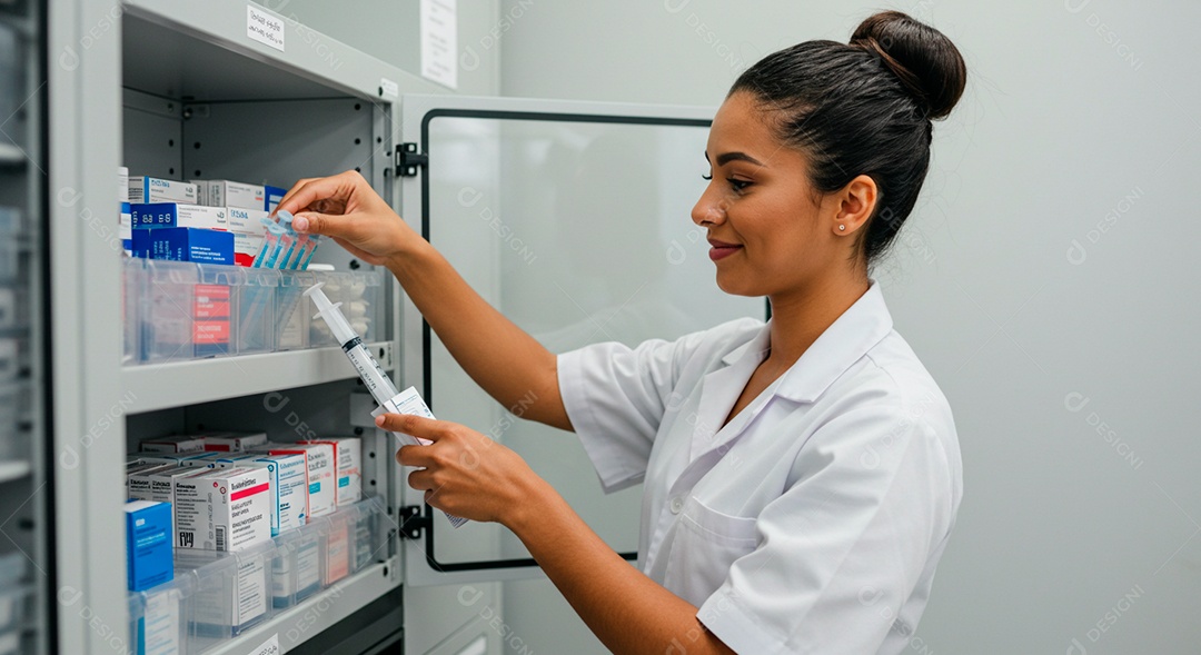 Farmacêutica ministrando medicamentos em uma seringa