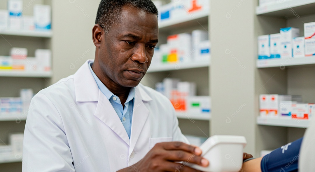 Farmacêutico averiguando pressão de um paciente