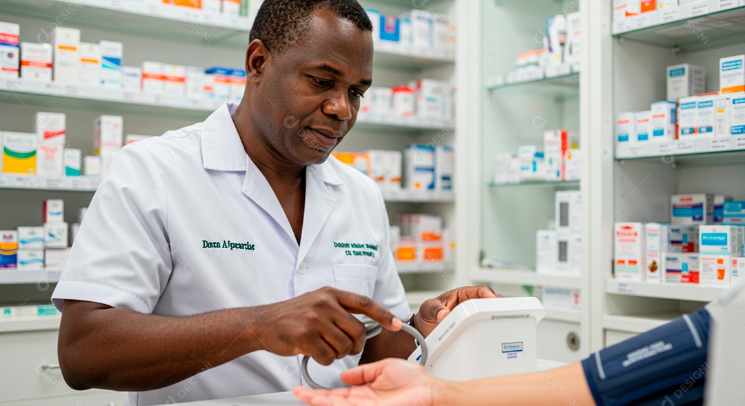 Farmacêutico averiguando pressão de um paciente