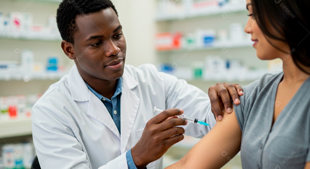 Farmacêutico aplicando injeção em uma paciente