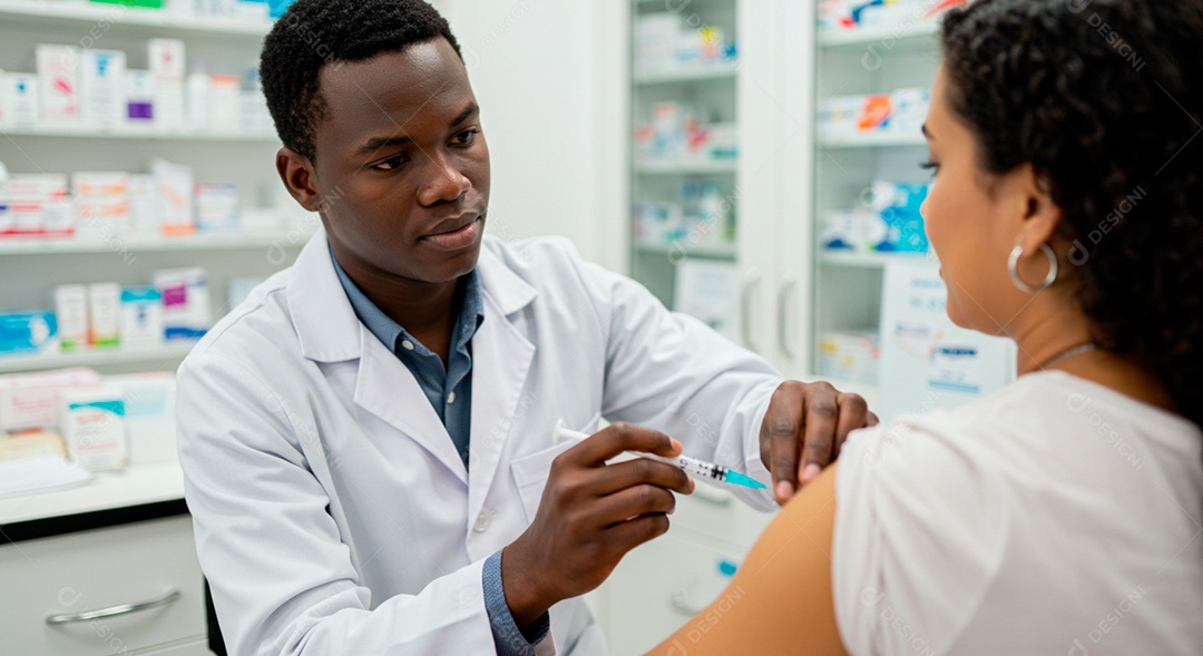 Farmacêutico aplicando injeção em uma paciente