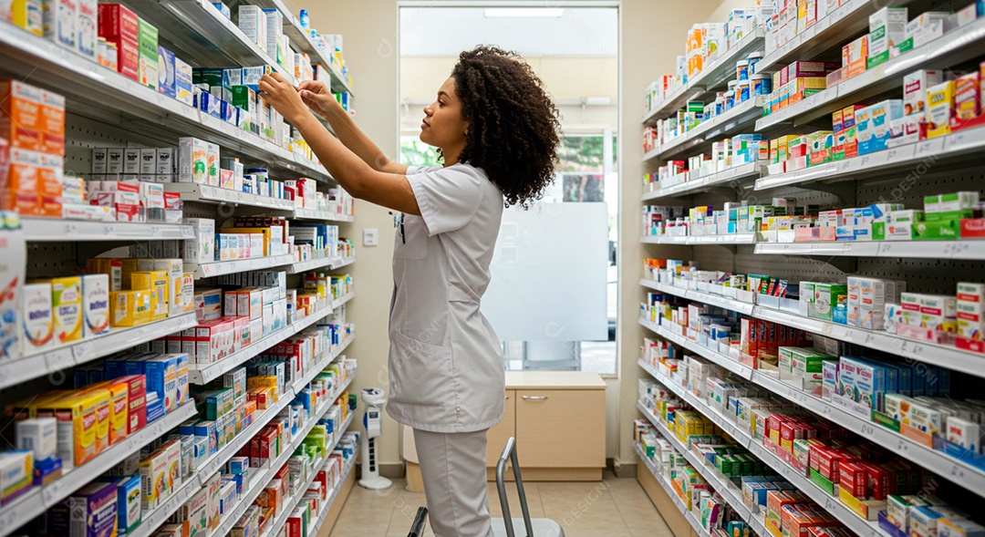 Farmacêutica arrumando prateleira de rémedios