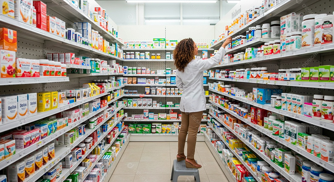 Farmacêutica sobre um banquinho arrumando prateleira de rémedios