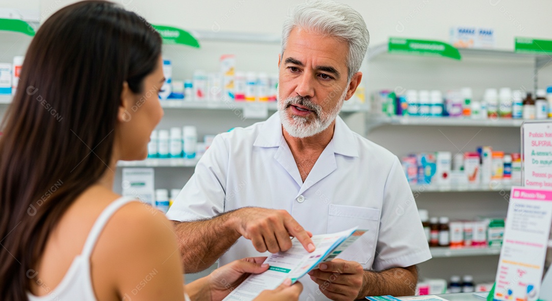 Farmacêutico experiente olhando receita e explicando para cliente