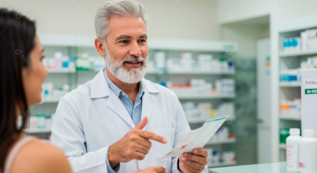 Farmacêutico experiente olhando receita de cliente