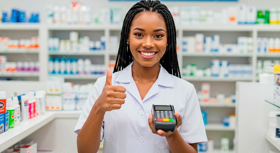 Farmacêutica feliz com gesto de legal e máquina de cartão nas mãos